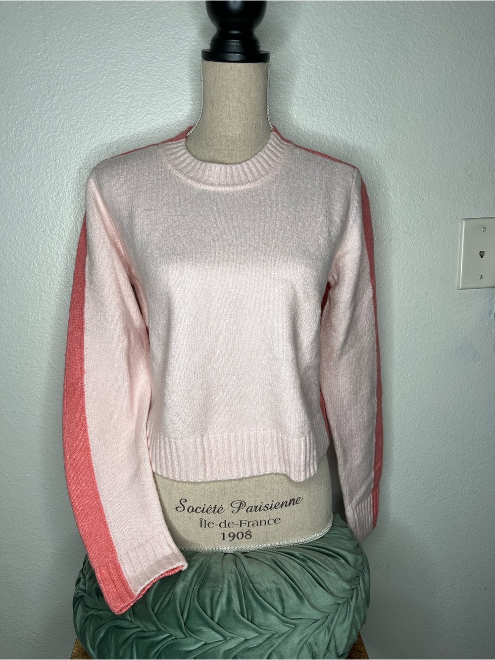 Soft Pink Crewneck Sweater with Coral Sleeve Panels